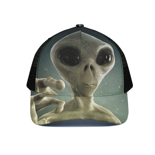 Grey Alien 3D Print Black Mesh Trucker Cap