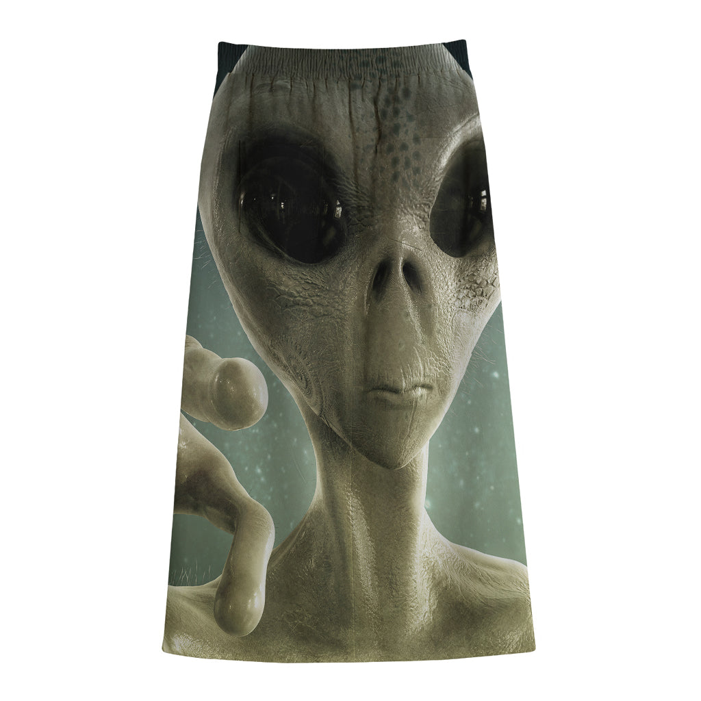 Grey Alien 3D Print Cotton Front Slit Maxi Skirt