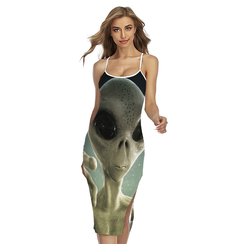 Grey Alien 3D Print Cross Back Cami Dress