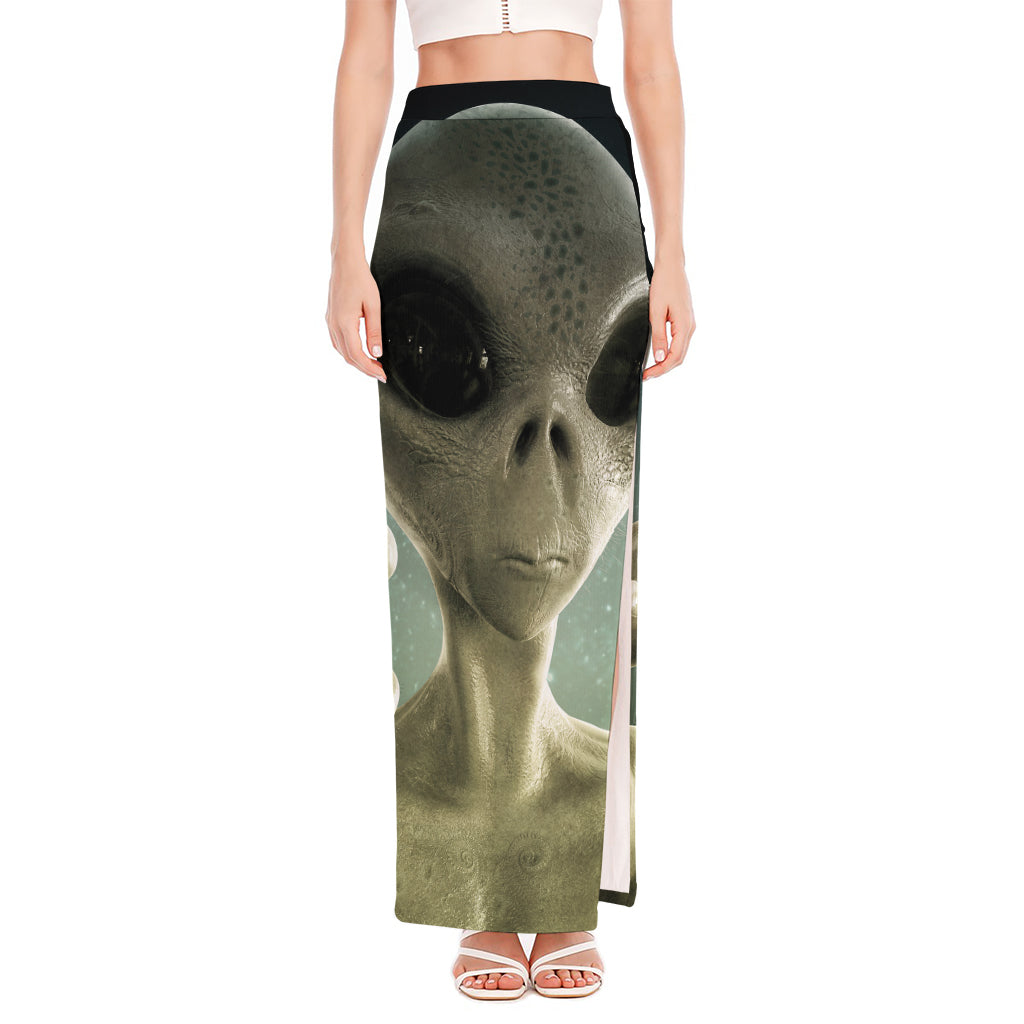 Grey Alien 3D Print High Slit Maxi Skirt