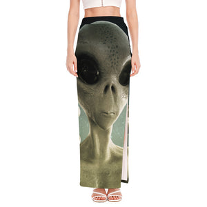 Grey Alien 3D Print High Slit Maxi Skirt