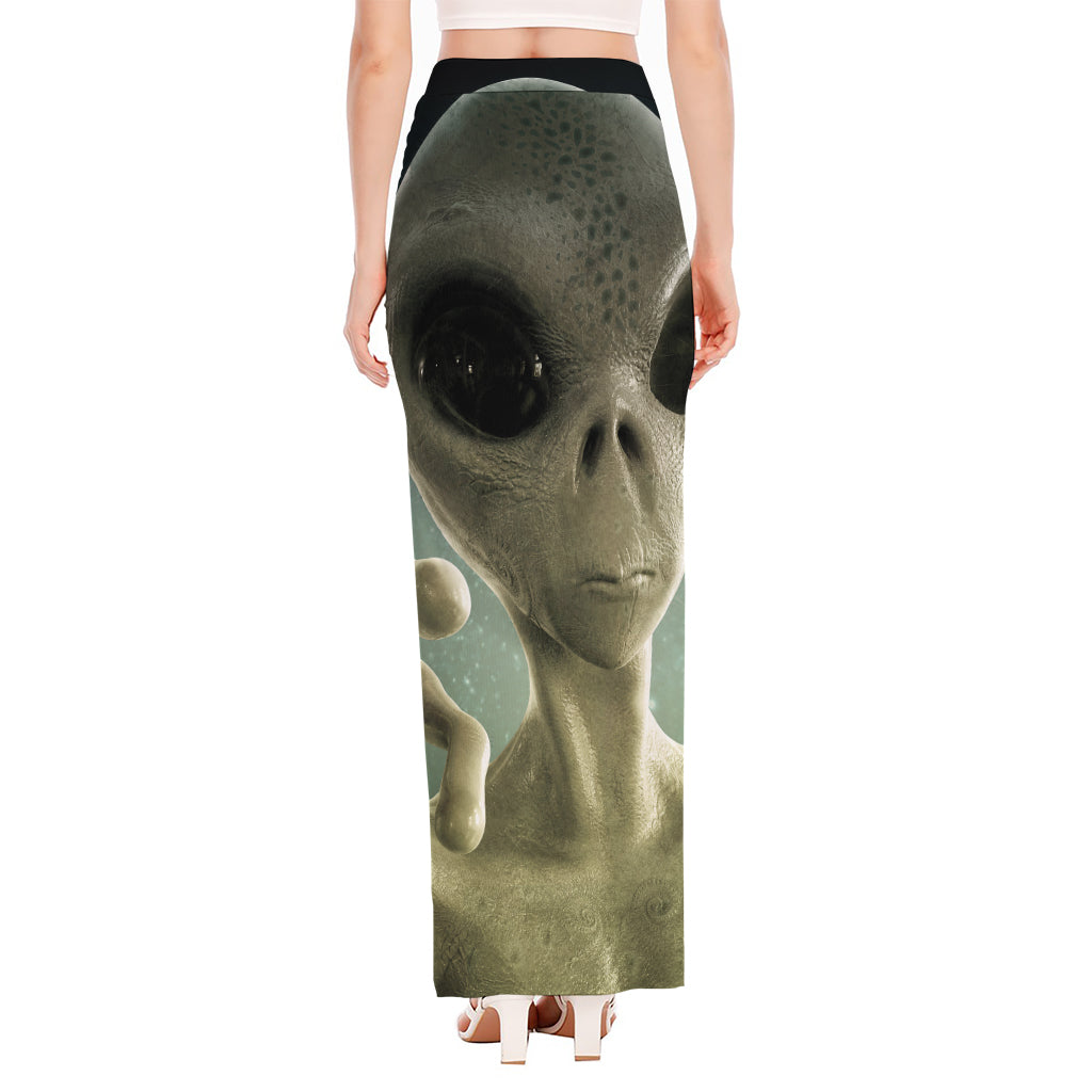 Grey Alien 3D Print High Slit Maxi Skirt