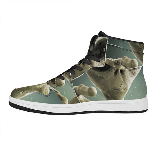 Grey Alien 3D Print High Top Leather Sneakers