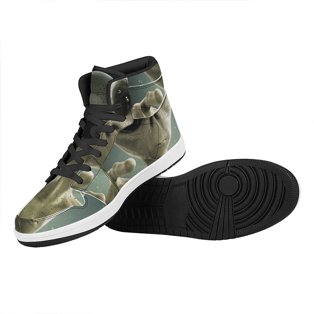 Grey Alien 3D Print High Top Leather Sneakers