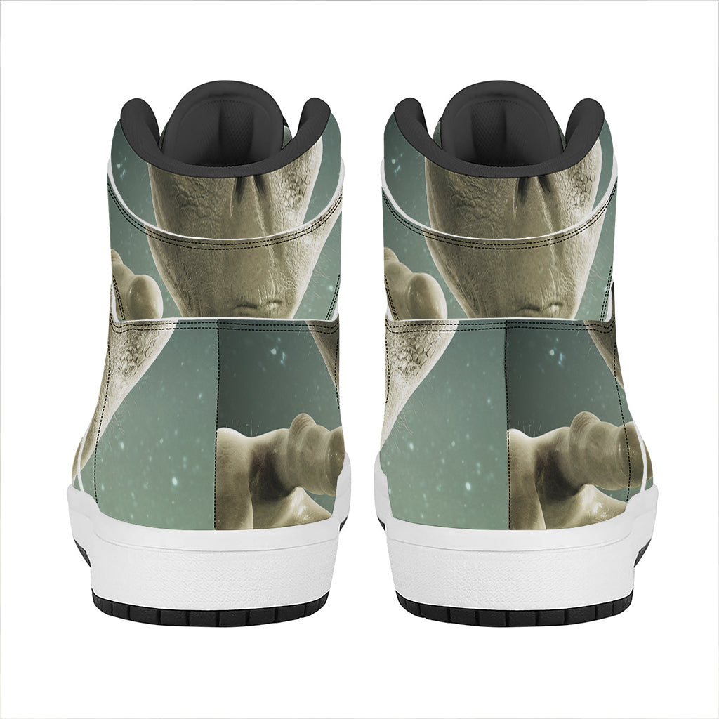 Grey Alien 3D Print High Top Leather Sneakers