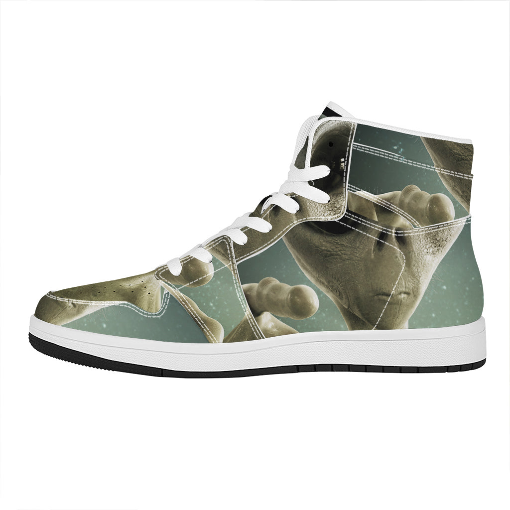 Grey Alien 3D Print High Top Leather Sneakers