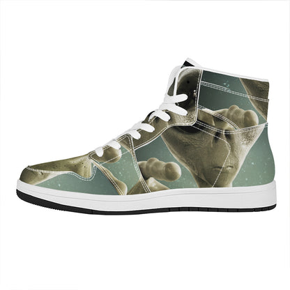 Grey Alien 3D Print High Top Leather Sneakers