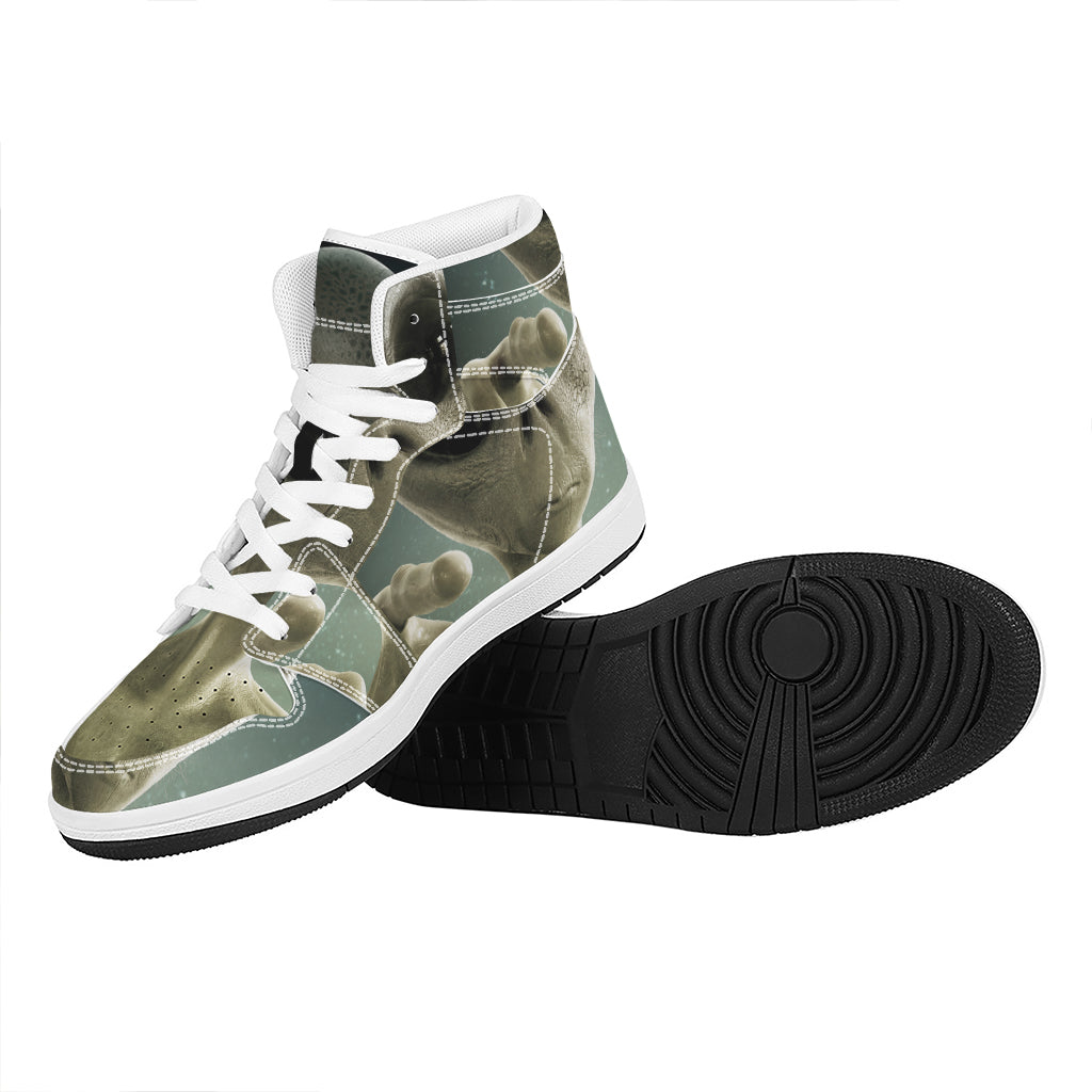 Grey Alien 3D Print High Top Leather Sneakers