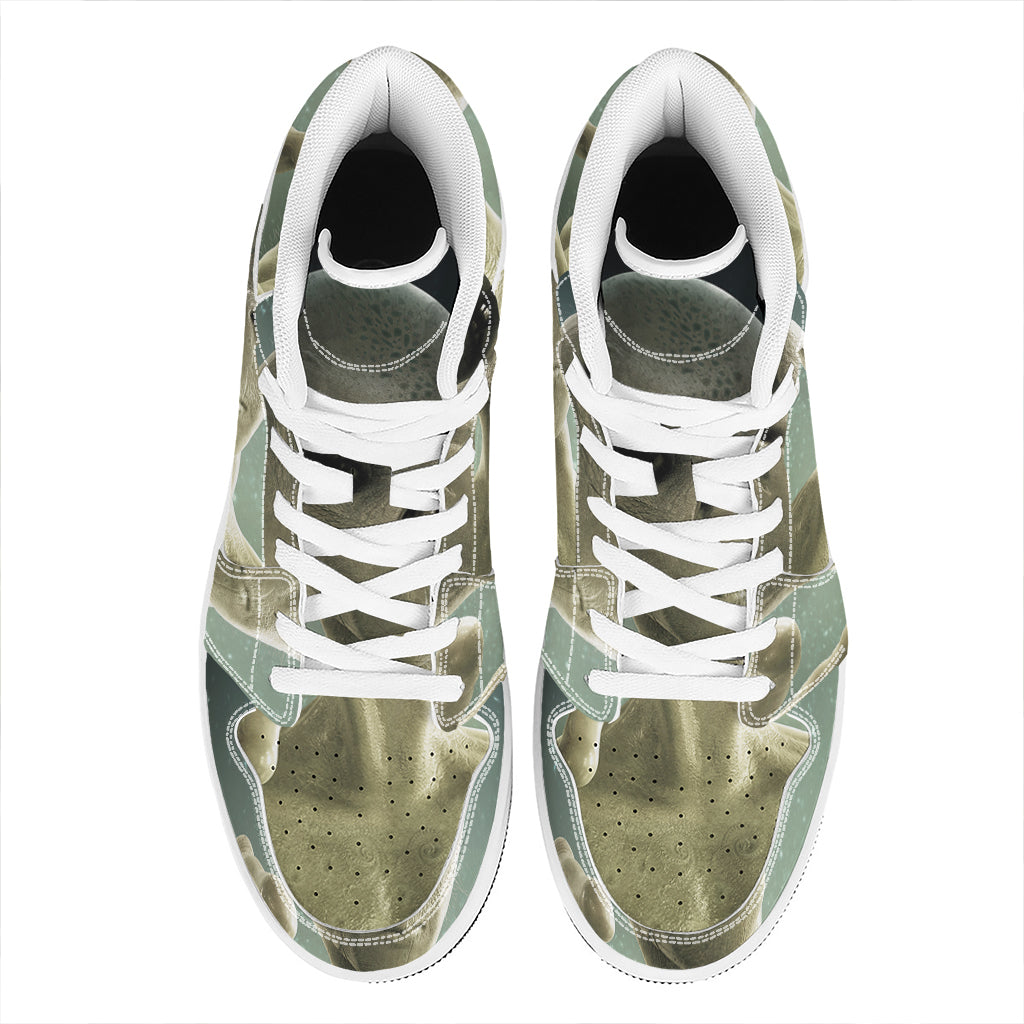 Grey Alien 3D Print High Top Leather Sneakers