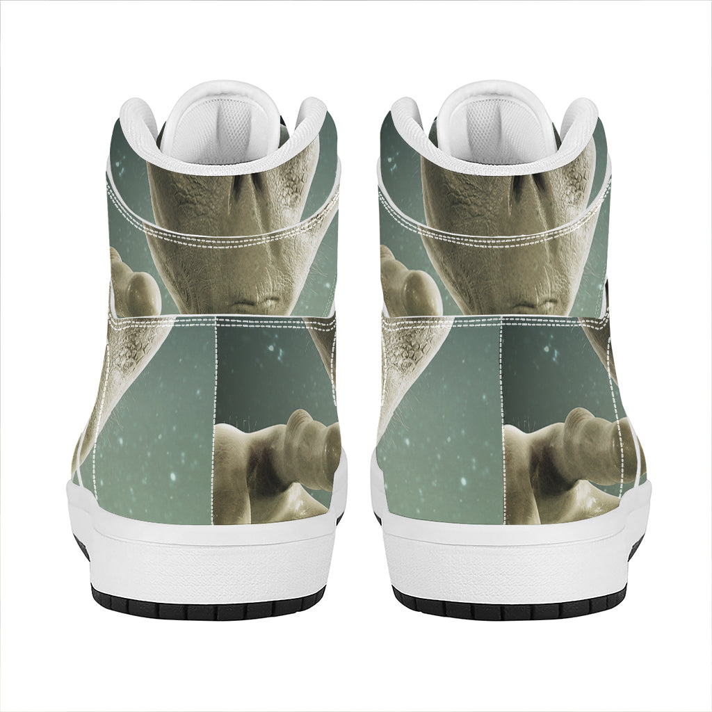 Grey Alien 3D Print High Top Leather Sneakers