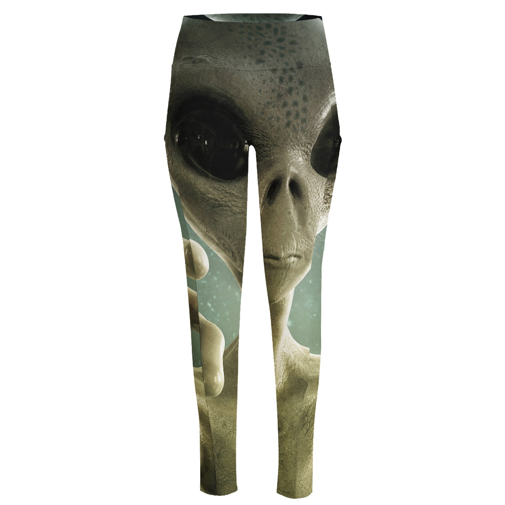 Grey Alien 3D Print High-Waisted Pocket Leggings