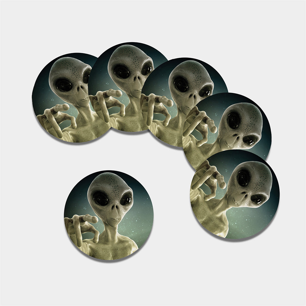 Grey Alien 3D Print Leather Coaster Set