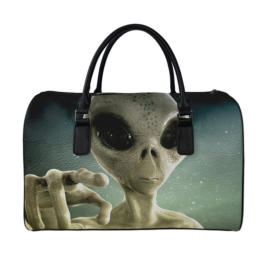 Grey Alien 3D Print Leather Duffle Bag