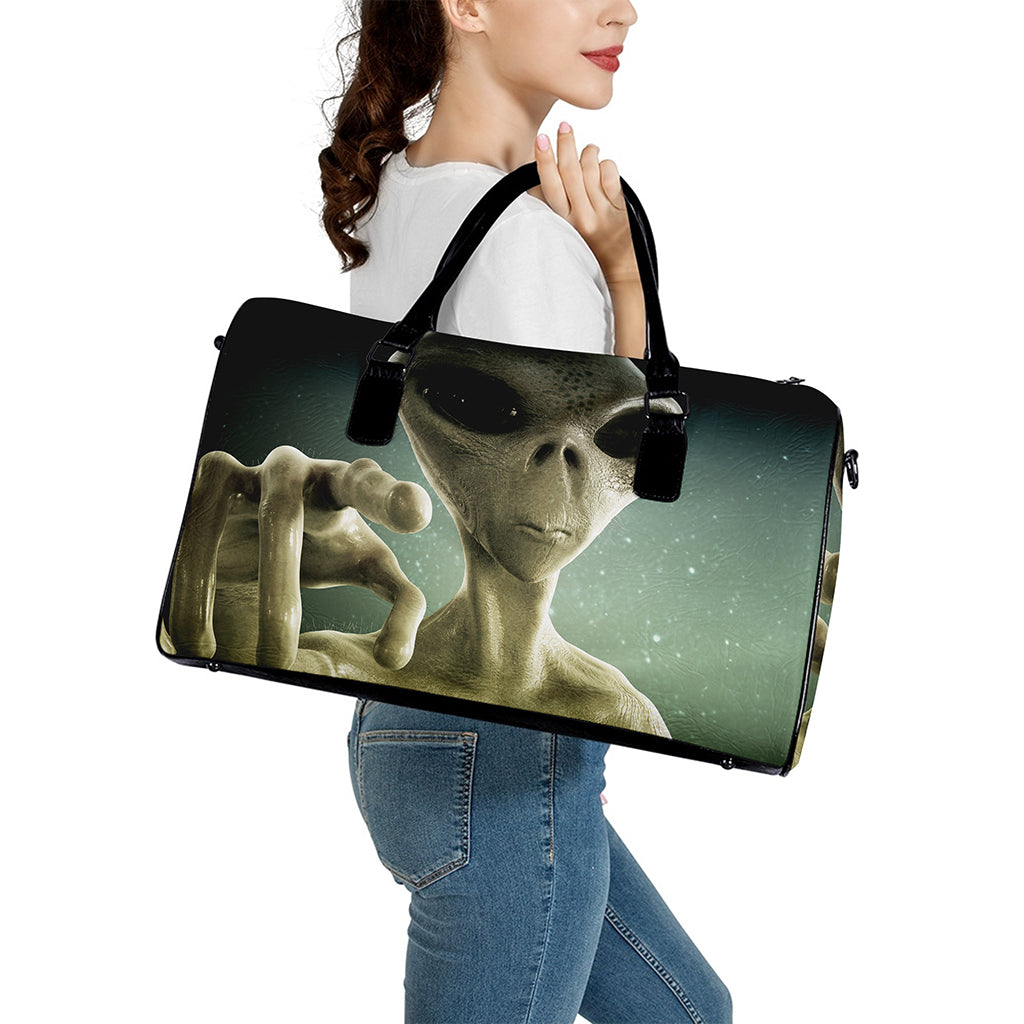 Grey Alien 3D Print Leather Duffle Bag
