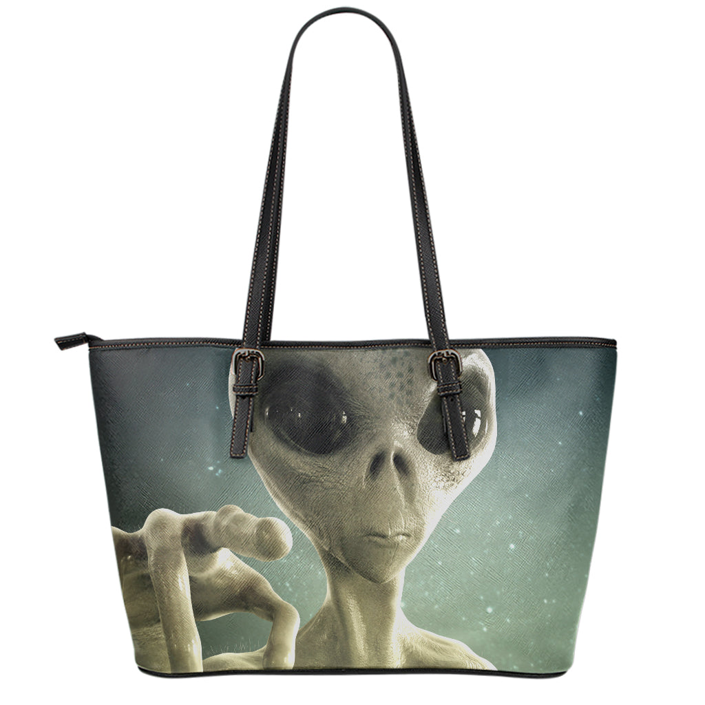 Grey Alien 3D Print Leather Tote Bag