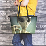 Grey Alien 3D Print Leather Tote Bag