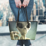 Grey Alien 3D Print Leather Tote Bag