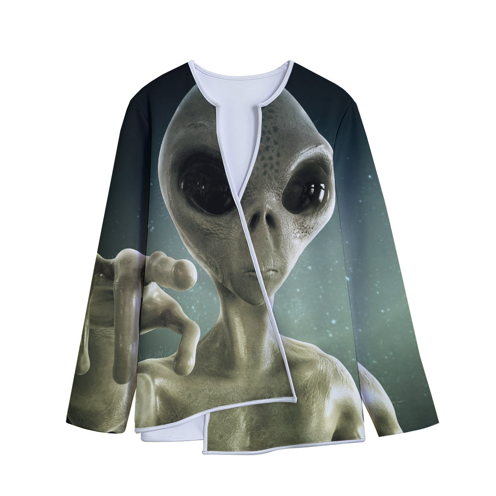 Grey Alien 3D Print Long Sleeve Short Coat