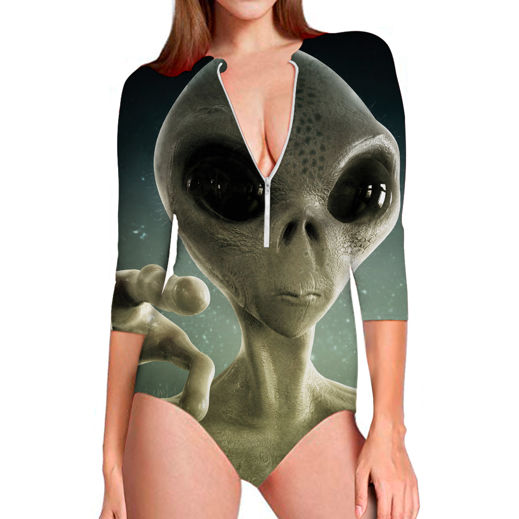 Grey Alien 3D Print Long Sleeve Swimsuit