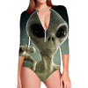 Grey Alien 3D Print Long Sleeve Swimsuit