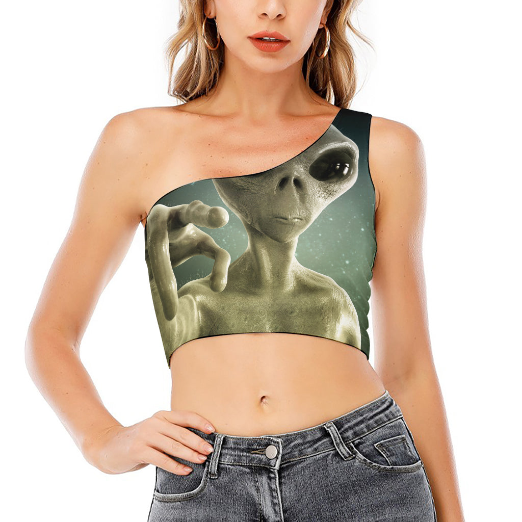 Grey Alien 3D Print One Shoulder Crop Top