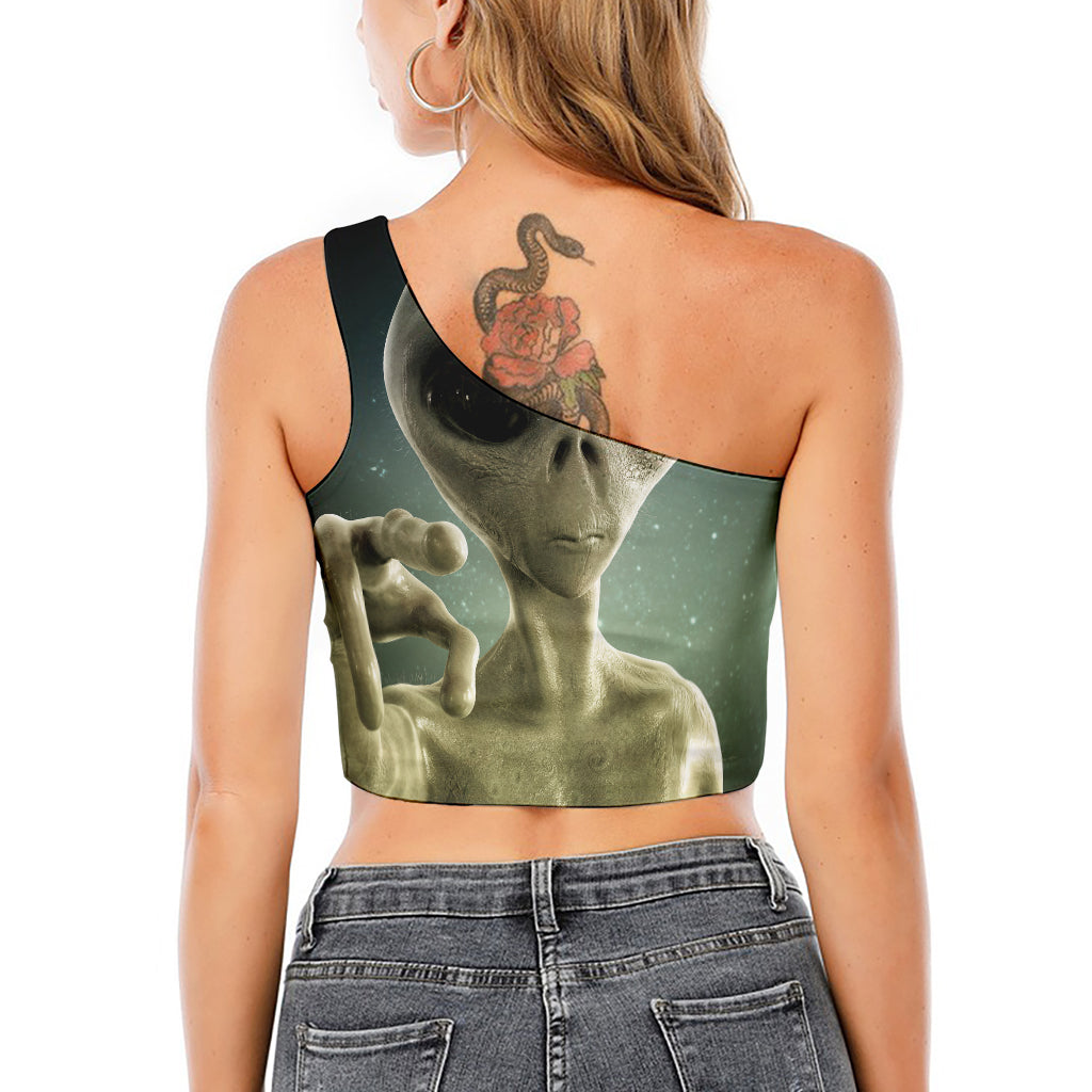 Grey Alien 3D Print One Shoulder Crop Top