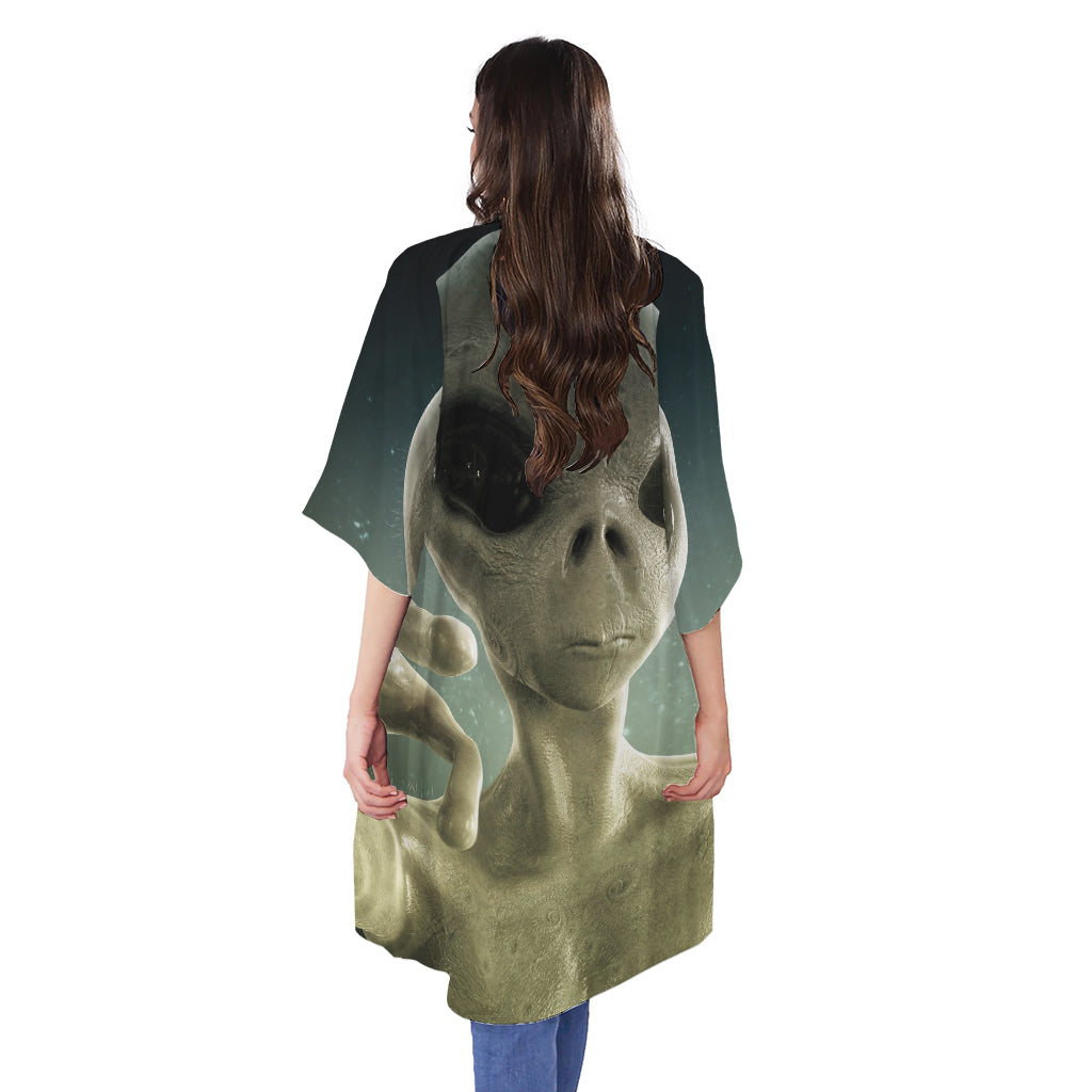 Grey Alien 3D Print Open Front Beach Cover Up