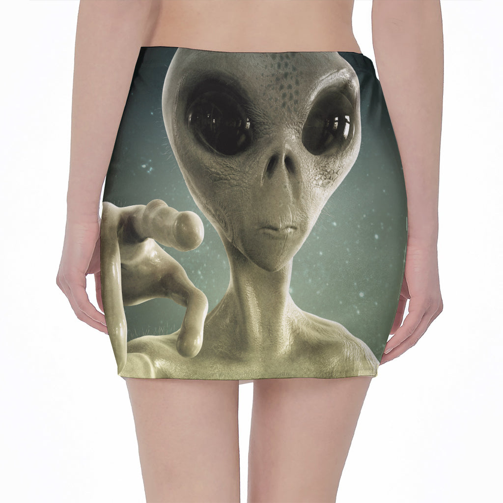 Grey Alien 3D Print Pencil Mini Skirt