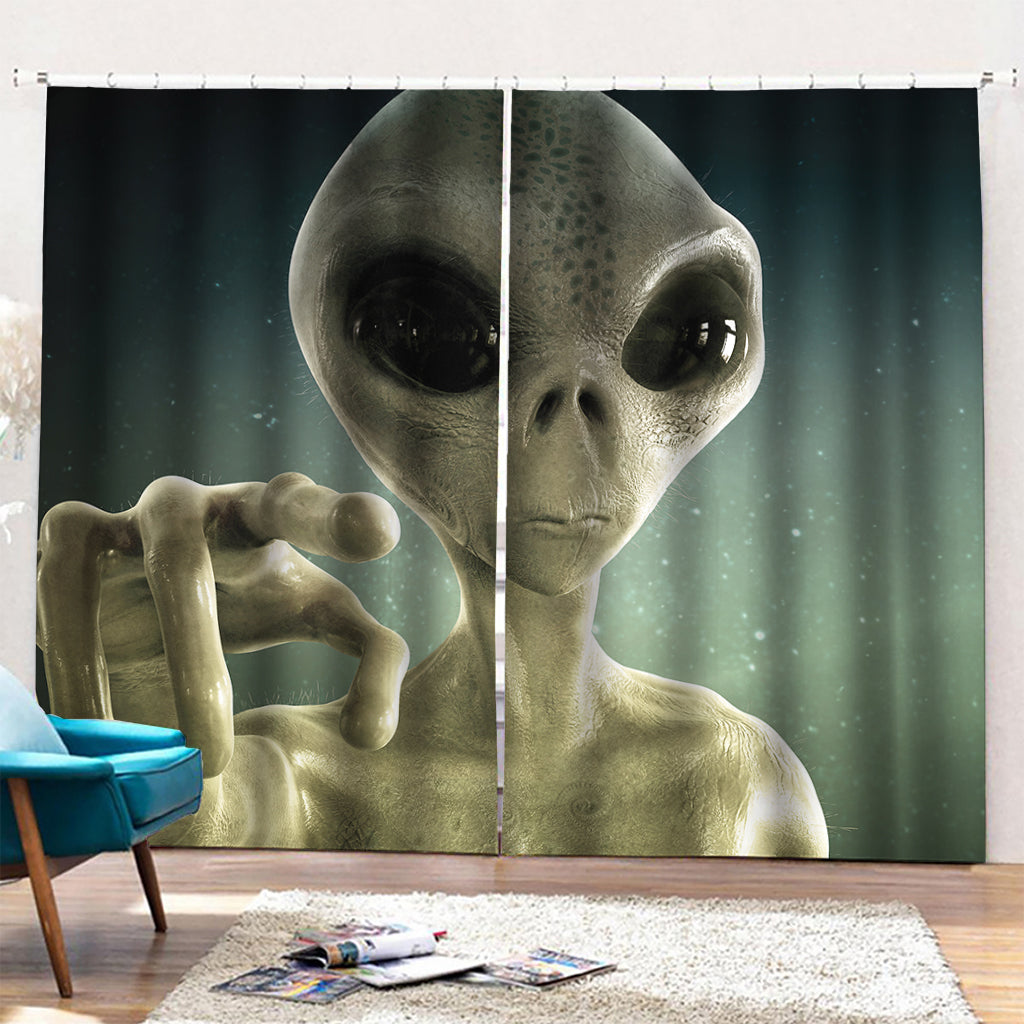 Grey Alien 3D Print Pencil Pleat Curtains