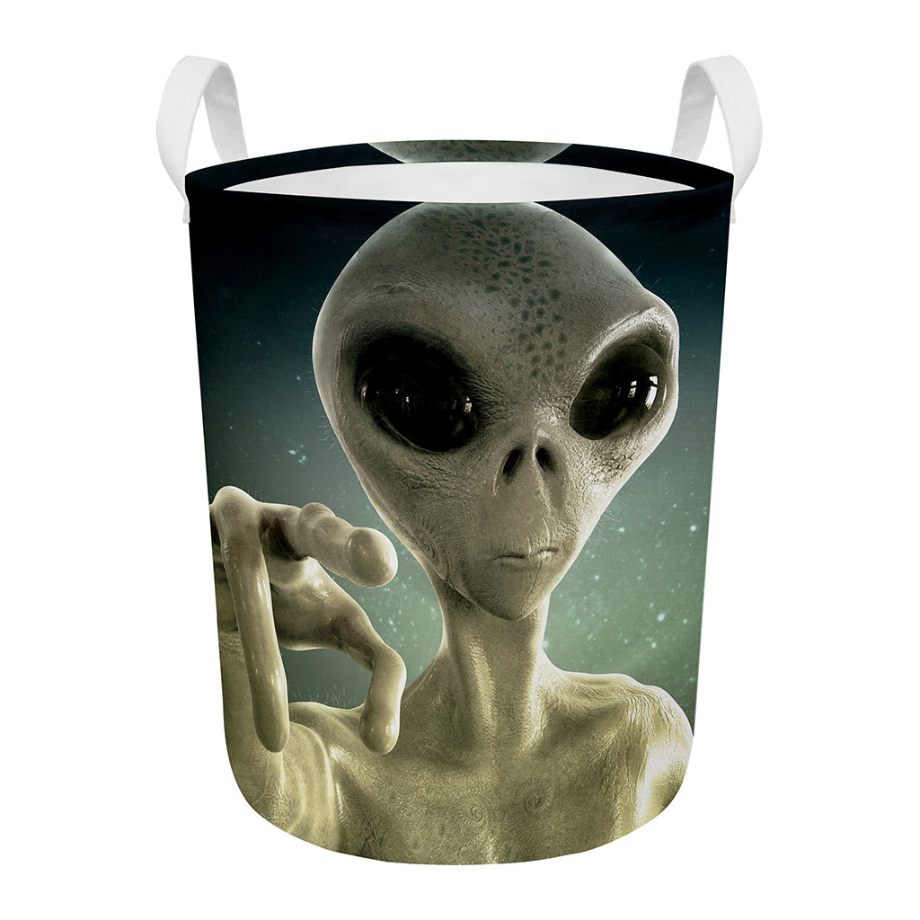 Grey Alien 3D Print Round Laundry Basket