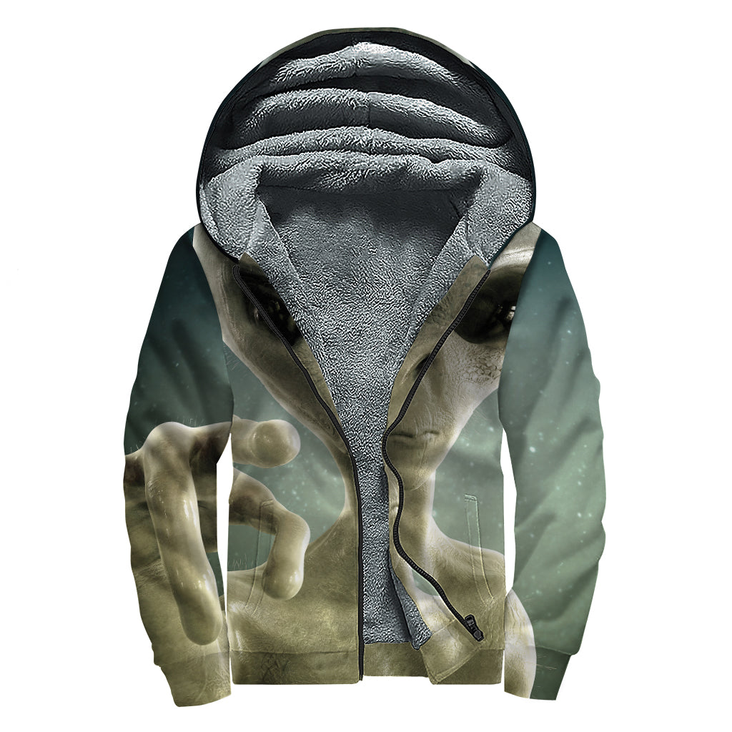 Grey Alien 3D Print Sherpa Lined Zip Up Hoodie