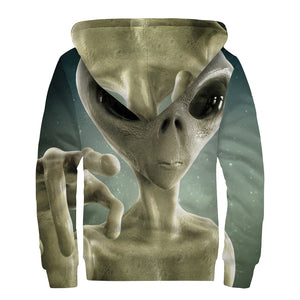 Grey Alien 3D Print Sherpa Lined Zip Up Hoodie