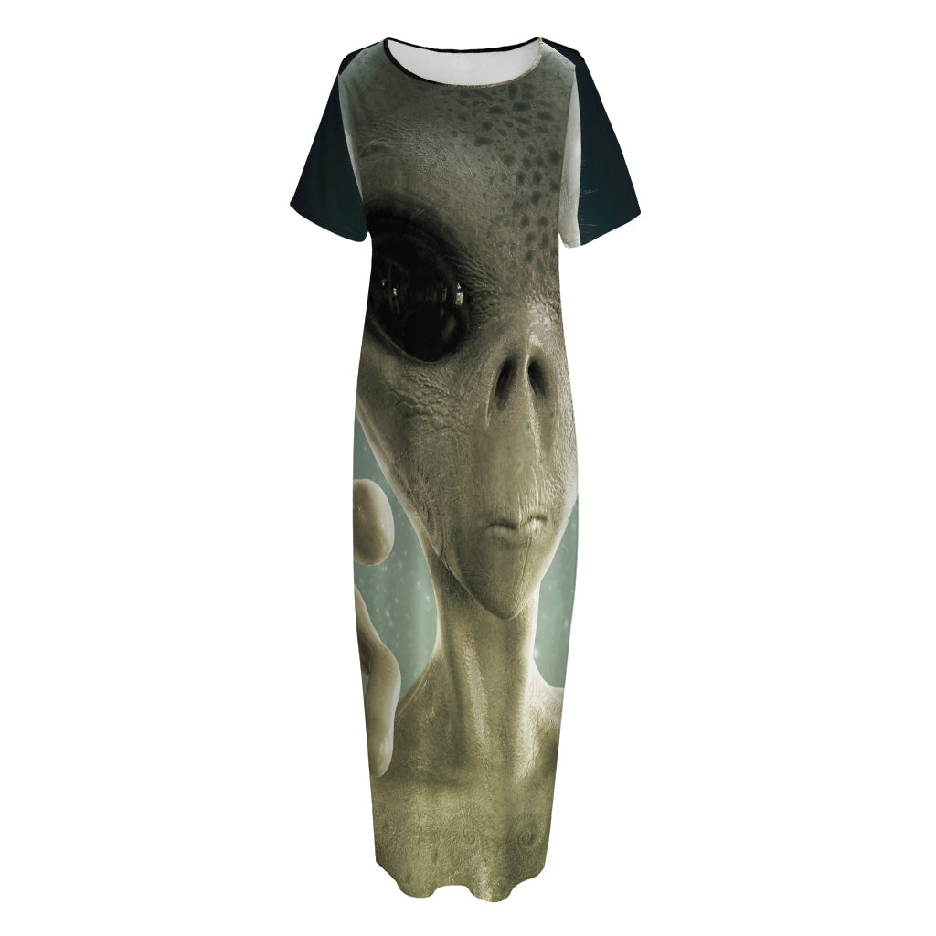 Grey Alien 3D Print Short Sleeve Long Nightdress