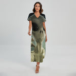 Grey Alien 3D Print Short Sleeve Maxi Dress