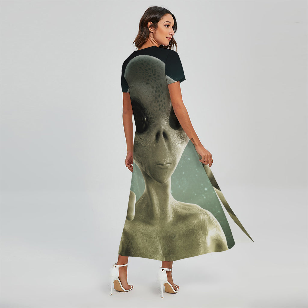 Grey Alien 3D Print Short Sleeve Maxi Dress