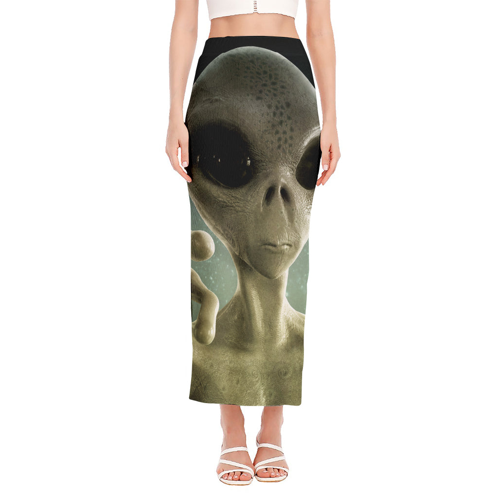 Grey Alien 3D Print Side Slit Maxi Skirt