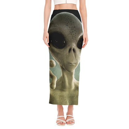 Grey Alien 3D Print Side Slit Maxi Skirt