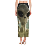 Grey Alien 3D Print Side Slit Maxi Skirt