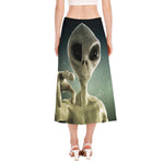 Grey Alien 3D Print Side Slit Midi Skirt