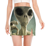 Grey Alien 3D Print Side Slit Mini Skirt