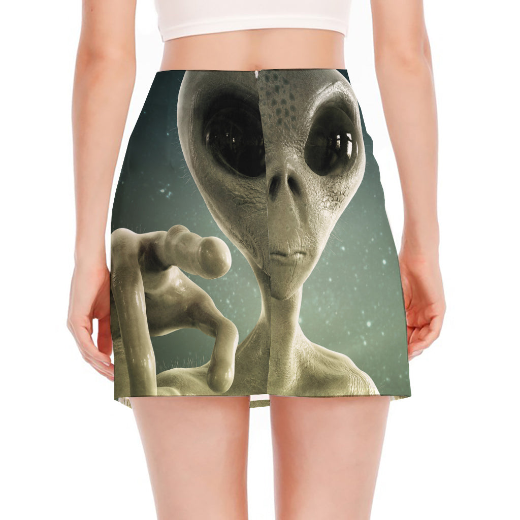 Grey Alien 3D Print Side Slit Mini Skirt