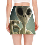 Grey Alien 3D Print Side Slit Mini Skirt