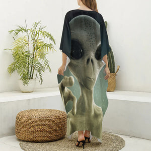 Grey Alien 3D Print Silk V-Neck Kaftan Dress