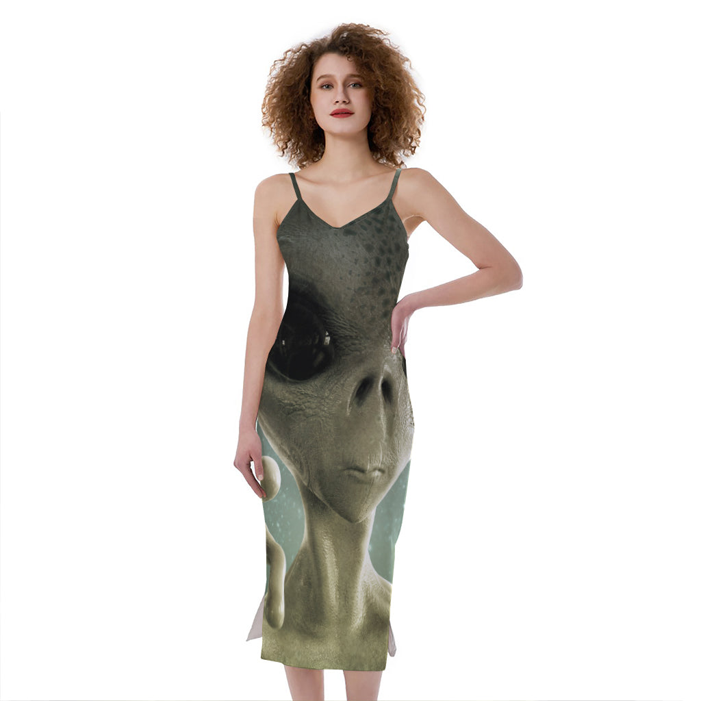 Grey Alien 3D Print Slim Fit Midi Cami Dress