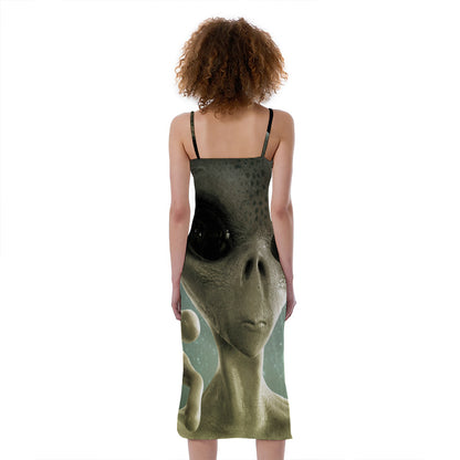 Grey Alien 3D Print Slim Fit Midi Cami Dress