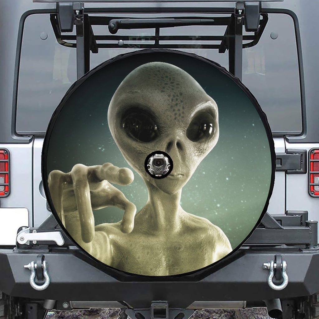 Grey Alien 3D Print Tire Cover With Camera Hole