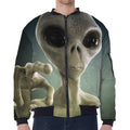 Grey Alien 3D Print Zip Sleeve Bomber Jacket