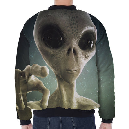 Grey Alien 3D Print Zip Sleeve Bomber Jacket