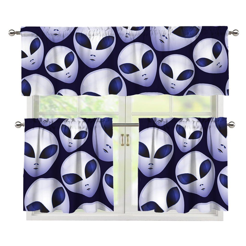 Grey Alien Face Pattern Print 3 Piece Kitchen Curtains