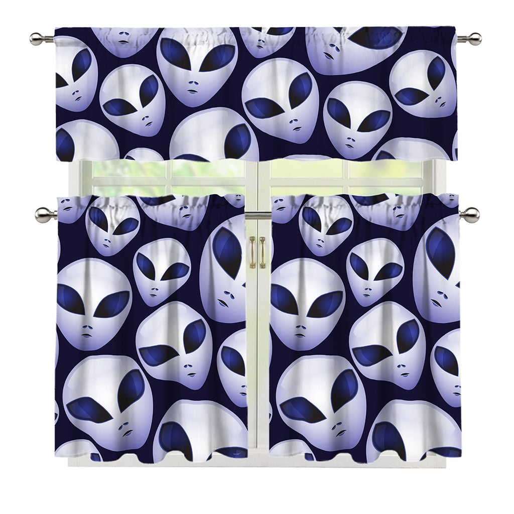 Grey Alien Face Pattern Print 3 Piece Kitchen Curtains